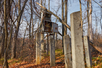 Old disassembled pole-mounted distribution transformer in the forest.