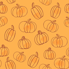 Handpainted watercolour digital pattern pumpkins on orange background