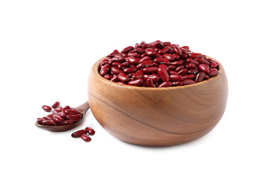 Raw red kidney beans with wooden bowl and spoon isolated on white