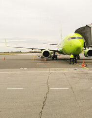 Obraz premium the plane is green at the airfield