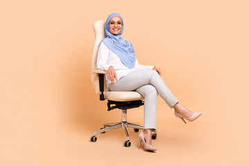 Full body photo of millennial east modern lady sit wear headscarf shirt eyewear pants stilettos...