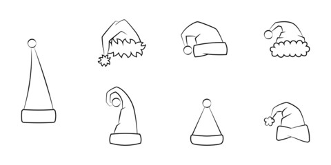 Conjunto de icono de gorro de navidad. Sombrero de navidad de Santa Claus. Ilustración vectorial, estilo, línea negro
