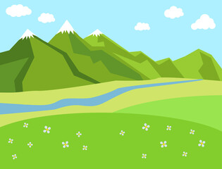 Green sunny lanscape with mountains, river and valley or medow. Cartoon vector illustration.