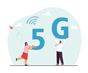 Tiny happy cartoon office workers holding 5G symbol. Man and woman using wireless connection flat vector illustration. Technology, communication, network concept for banner or landing web page