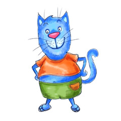 Handpainted watercolour digital blue cat in green.shorts and orange T-shirt