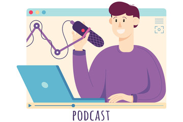 Young adult man recording podcast, live streaming in the Internet window , illustration in a flat style, isolated on a white background. . Vector illustration
