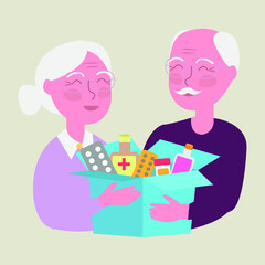 Old people holding box full of drugs and pills. Grandparents together. Vector illustration. Medical insurance illustration.  