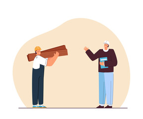 Cartoon construction manager and builder holding wooden planks. Contractor greeting worker in uniform flat vector illustration. Engineering, construction industry concept for banner or landing page
