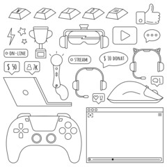 Video game streamer line icon set in a flat style, isolated on a white background. Laptop, mouse, keyboard, headphones, VR glasses, and gamepad icon. Vector illustration