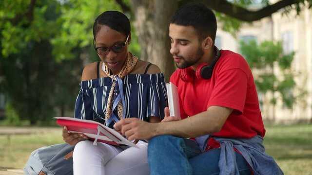 Genius African American woman in eyeglasses and Middle Eastern bearded man talking sitting on sunny university yard. Smart college students discussing education outdoors in slow motion