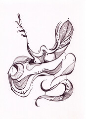 Monochrome peaceful ink painting of abstract floral shapes. Tranquility moments concept. Original artwork for meditation background, post card, book illustration, print, tattoo. Original art on paper.