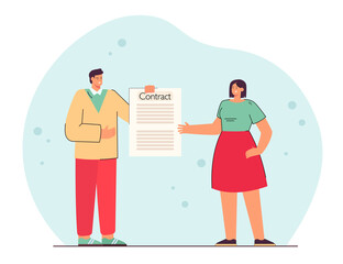 Company manager or businessman giving contract to employee. Man and woman with legal document flat vector illustration. Teamwork, partnership concept for banner, website design or landing web page
