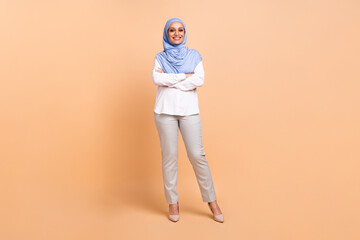 Full size photo of young asian teacher modern lady crossed arms wear headwear shirt eyewear...