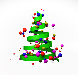 Green serpentine christmas tree with christmas colorful balls isolated on white background, 3d rendering