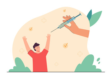 Huge hand holding syringe and cartoon boy scared of vaccine shot. Doctor giving injection to child flat vector illustration. Health, medicine, vaccination concept for banner or landing web page