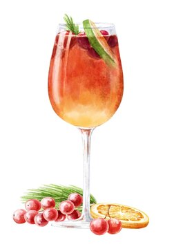 Christmas Mimosa Punch Cocktail In A Glass, Composition On White Background. Drink Illustration.	