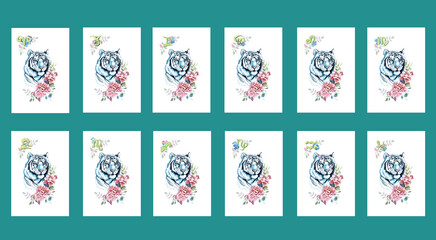 Watercolor tigers with zodiac signs on  isolated white background.Set chinese symbol illustration. Badge, seal, postcard..