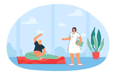 Pregnant woman doing yoga exercises under supervision of doctor. Nurse giving thumbs up to female with belly flat vector illustration. Pregnancy, health, fitness concept for banner or landing web page