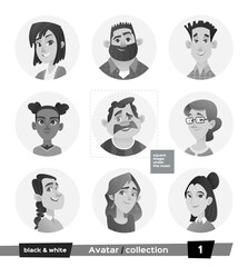 Set of avatars, people black and white color. A collection of user faces for a web forum or account. Icons portraits of men and women.