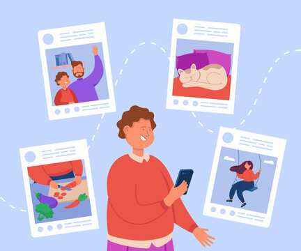Person sharing moments on social media flat vector illustration. Young guy holding smartphone and posting photos for likes and followers. Internet addiction, social media influence concept