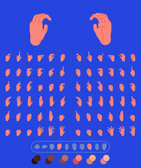 set of 72 hands in different positions. flat illustration of hands to use in animations, character illustrations or as an icon. with color palette for other ethnicities. eps 10
