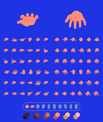 set of 72 hands in different positions. flat illustration of hands to use in animations, character illustrations or as an icon. with color palette for other ethnicities. eps 10
