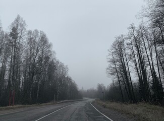 Empty road in the fog, gloomy mood