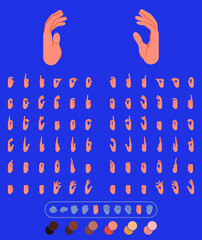 set of 72 hands in different positions. flat illustration of hands to use in animations, character illustrations or as an icon. with color palette for other ethnicities. eps 10