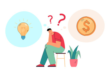 Male character choosing between money and idea. Cartoon man thinking about lightbulb and gold coin flat vector illustration. Creativity, finances concept for banner, website design or landing web page