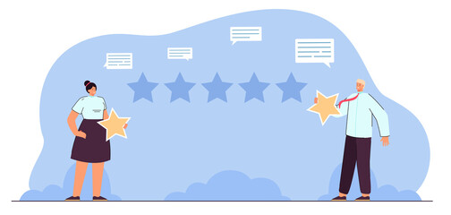 Fototapeta na wymiar Users or clients rating online service and giving opinion. Man and woman holding stars for review flat vector illustration. Customer feedback or satisfaction concept for banner or landing web page