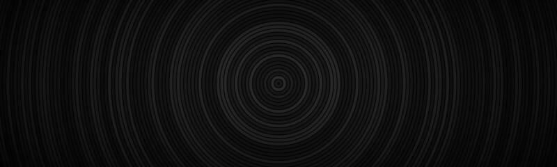 Dark abstract circle header. Black circles with different transparencies and dark gradient banner. Simple geometric pattern background