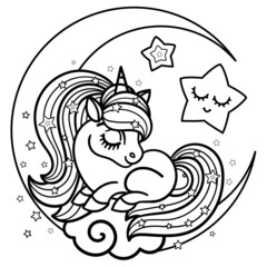 Little cute sleeping unicorn with a long mane on a crescent moon. Linear black and white drawing, doodle style. For children's design of coloring books, prints, posters, postcards, stickers, etc. Vect