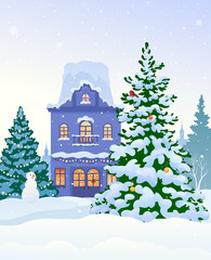 Vector cartoon illustration of snowy house and snowman vertical background