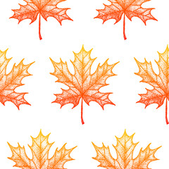Dotwork Maple Seamless Pattern. Vector Illustration of Nature Leaf Background.