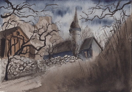 Watercolor painting of dark landscape at night. Scary Halloween background concept. Bare dead trees silhouettes and haunted mansion. Mysterious background for post card, poster, party invitation.