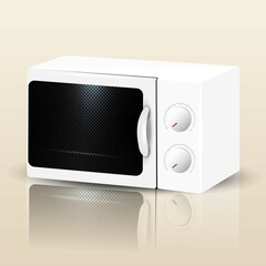 Desktop white microwave oven with reflection. Vector illustration of a kitchen appliance.