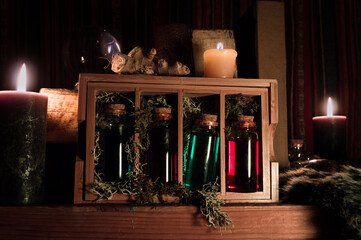 A wooden box with magical potions