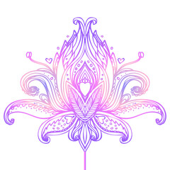 Vector ornamental Lotus flower, ethnic art, patterned Indian paisley. Hand drawn illustration. Invitation element. Tattoo, astrology, alchemy, boho and magic symbol. Coloring book for kids and adults.