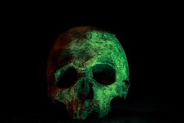 Green skull against dark background