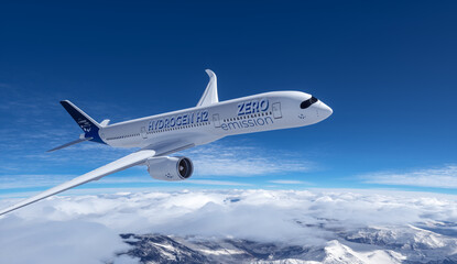 Blue Hydrogen filled H2 Aeroplane flying in the sky - future H2 energy concept. - 467213538