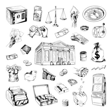 Collection of monochrome illustrations of finance in sketch style. Hand drawings in art ink style. Black and white graphics.