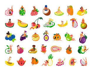Collection of girls with fruits. Hand draw colorful illustration.