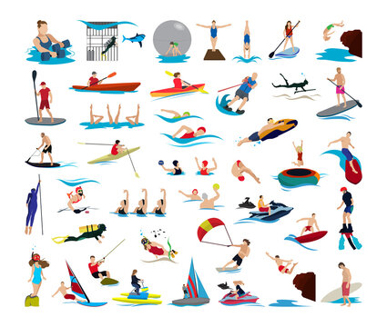Collection of illustrations with characters involved in water sports.