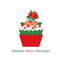 Sweet Christmas dessert cupcake cute vector icon. Festive pastry Xmas flower decorated cartoon design element. Sweetest Merry Christmas. Winter season holiday homemade bakery background illustration