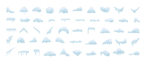 Vector collection of snow piles, drifts, icicles. Elements for decorating snow-covered objects.