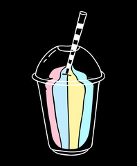 Milkshake cartoon isolated on black background. Trendy hand drawn milkshake for web site, label, poster, placard, t shirt and banner. Creative art concept, vector illustration eps 10