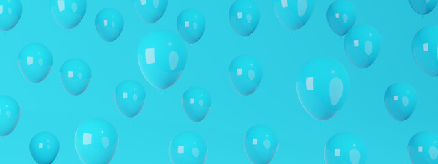 Blue balloons on a blue background. Holiday and fun concept. 3D rendering.