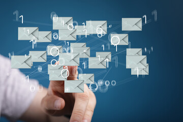 touching 3D rendering flying email icon with his fin