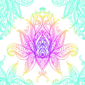 Lotus flower Sacred geometry symbol with all seeing eye over in acid colors. Mystic, alchemy, occult concept. Design for indie music cover, t-shirt print, psychedelic poster, flyer.