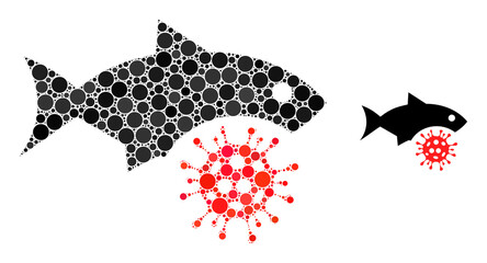 Fish flu virus vector mosaic of dots in different sizes and color tones. Round dots are composed into fish flu virus vector illustration. Abstract vector illustration.